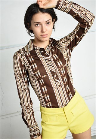 VINTAGE 70S RETRO PARIS CHIC TOP BLOUSE WITH MOD PATTERN
