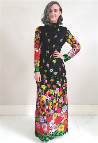 VINTAGE 70'S BLACK FLORAL SHEER MAXI DRESS W/ SIDE SPLIT
