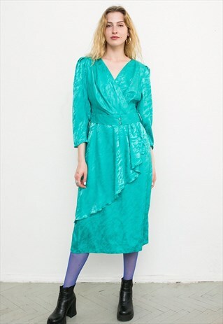 VINTAGE TURQUOISE GREEN RUFFLE 80S MIDI DRESS