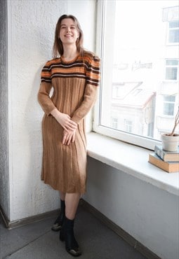 Vintage 70's Brown Hand Knitted Puff Sleeved Midi Dress