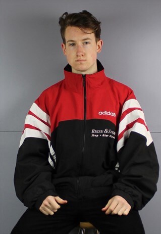VINTAGE ADIDAS WINDBREAKER JACKET IN BLACK AND RED WITH ZIP