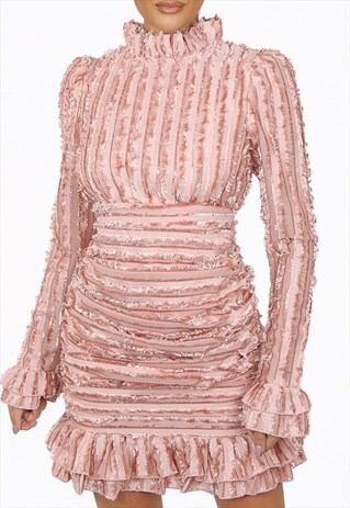 STRIPED THREAD TRIM MINI DRESS IN ROSE