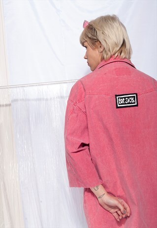 VINTAGE DENIM SHIRT 90S REWORKED FRAYED HEM PATCH PINK SHIRT