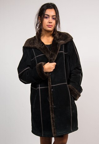 VINTAGE BLACK SUEDE WARM SHEEPSKIN COAT