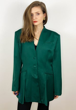 EMERALD GREEN WOOL WOMEN POWER SUIT, DESIGNER BLAZER JACKET