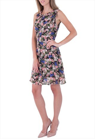 MULTICOLOURED FLORAL SELF TIE BELT CHIFFON DRESS