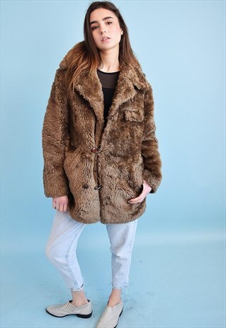 VINTAGE 70'S RETRO FAUX FUR BROWN COAT