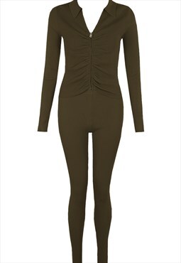 Ruched Zip Up Ribbed Coord Set In Khaki