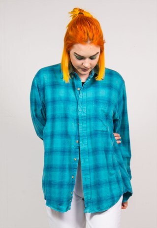 VINTAGE 90'S TURQUOISE CHECKED OVERSIZED FLANNEL SHIRT