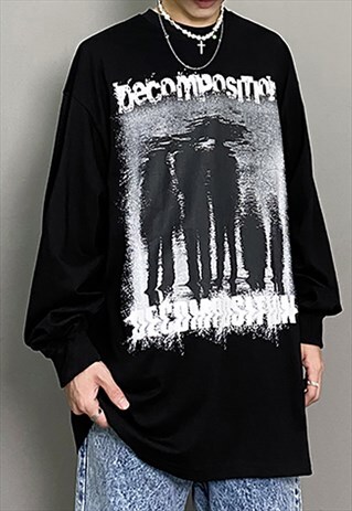 BLACK GRAPHIC OVERSIZED LONG SLEEVE T SHIRT TEE Y2K