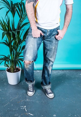 VINTAGE LEVI'S 751 JEANS IN BLUE WITH RIPS AND PAINT MARKS