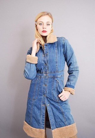 90'S FAUX FUR DETAILED MOM'S SHEARLING DENIM JACKET COAT