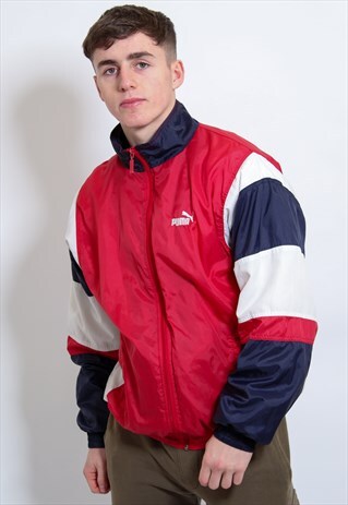 VINTAGE PUMA STRIPED SHELL JACKET IN RED LARGE