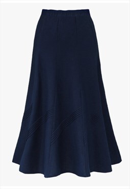Navy Blue Long Skirt A-Line Linen Blend Pintuck Trim Panel