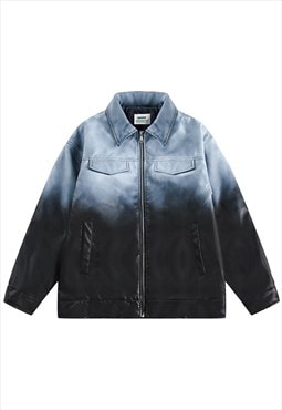 Tie-dye faux leather jacket padded gradient PU bomber blue