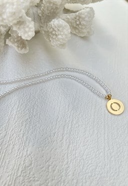 Gold Letter Faux Pearl Initial  O Charm Pendant  Necklace
