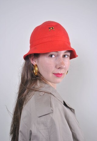 90S RED WARM OSTRICH EMBROIDERY BUCKET HAT