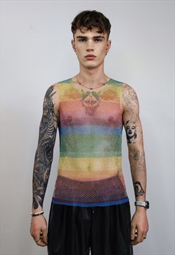 Sparkly mesh top Rainbow vest embellished Gay sleeveless 
