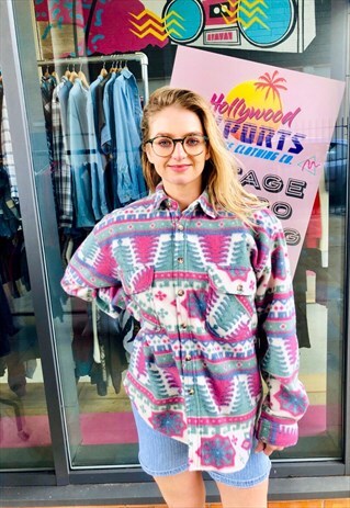 AZTEC STYLE PATTERN BUTTON UP FLEECE SHIRT