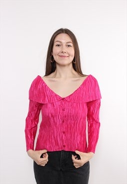 90s pink color textured blouse, vintage deep v-neck top