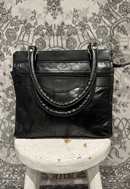 80's Black Leather Patchwork Vintage Shopper Shoulder Bag