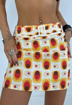 Vintage 90s Mini Skirt Patterned Buckle 70s Style High Waist