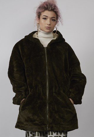 VINTAGE 80'S DARK GREEN HOODED FAUX FUR COAT