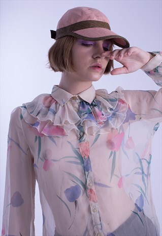 FLOWER PRINTED RUFFLE COLLAR SHEER SHIRT