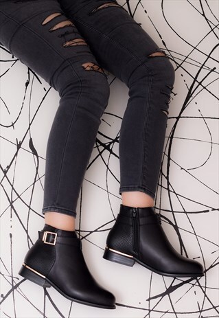 DESIREE BUCKLE FLAT ANKLE BOOTS SHOES - BLACK LEATHER STYLE