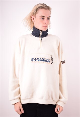 NAPAPIJRI MENS VINTAGE FLEECE JUMPER LARGE WHITE 90S