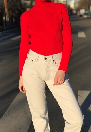 70S NEON RED TURTLENECK TOP