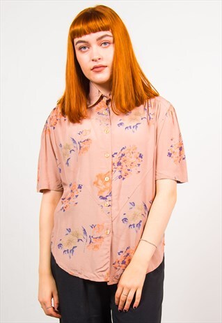 VINTAGE 90'S DUSTY PINK FLORAL SHORT SLEEVE SHIRT BLOUSE