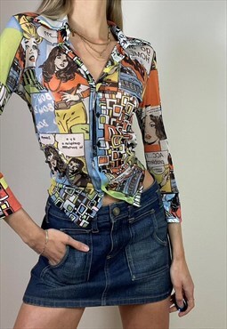 Vintage Y2K Mesh Cartoon Print Shirt Top Festival Multi