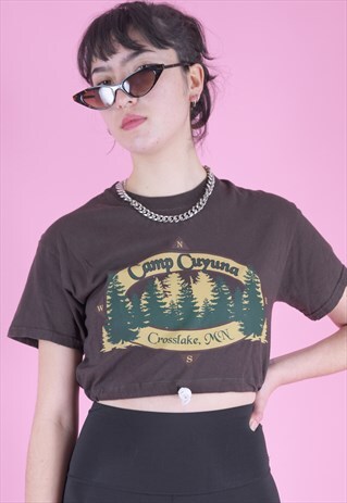 VINTAGE REWORKED CROP T-SHIRT IN BROWN WITH CROSSLAKE PRINT