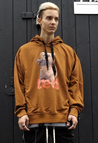 LOOSE FIT OVERSIZE DRINKING TEDDY ANIME GRAPHIC PRINT HOODIE