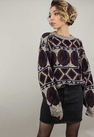 VINTAGE 80S 90S OVERSIZED PATTERNED KNIT JUMPER