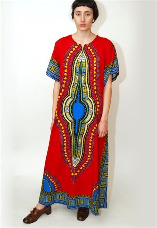 VINTAGE INDIAN DRESS 90S GEOMETRIC ETHNIC FLOWY CAFTAN GOWN