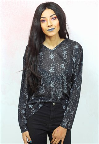 1990S VINTAGE BLACK FLORAL SILVER SHIMMER SEMI SHEER TOP