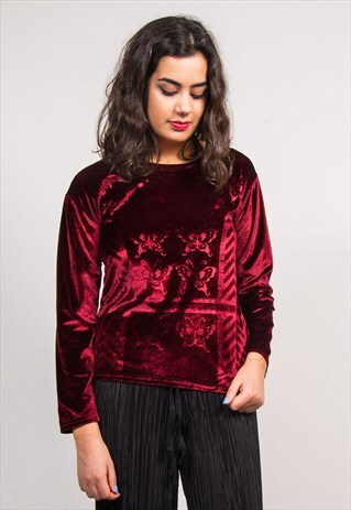 VINTAGE 90'S DEEP RED BUTTERFLY PATTERN VELVET TOP