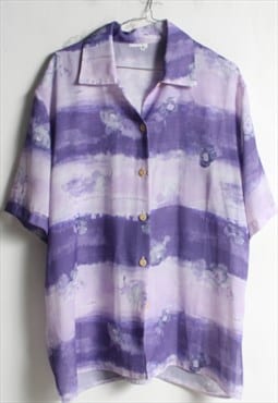 Vintage 1980's Floral Tie Dye Patterned Blouse Shirt Purple