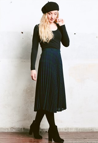 VINTAGE 80S TARTAN PLAID PLEATED MIDI SKIRT