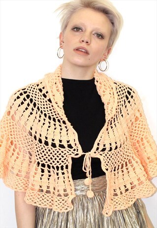 70S VINTAGE KNITTED CAPE/SHAWL PEACH BOHO FESTIVAL CROCHET