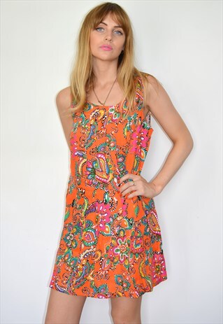 VINTAGE 60S ORANGE PATTERN MINI SUMMER DRESS