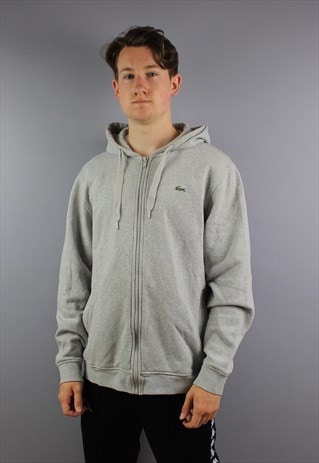VINTAGE LACOSTE HOODIE IN GREY WITH EMBROIDERED LOGO AND ZIP