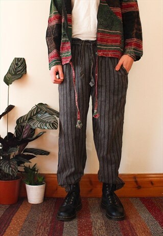 FAIRTRADE BLACK STRIPED COTTON DRAWSTRING TROUSERS