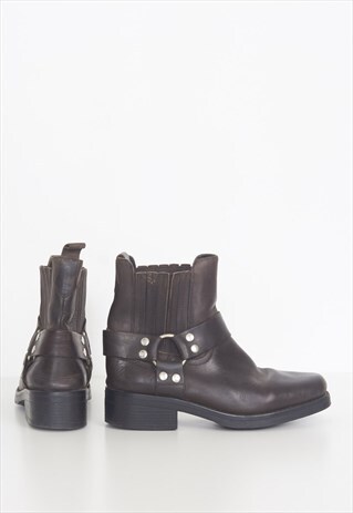 VINTAGE DARK BROWN LEATHER BIKER BOOTS