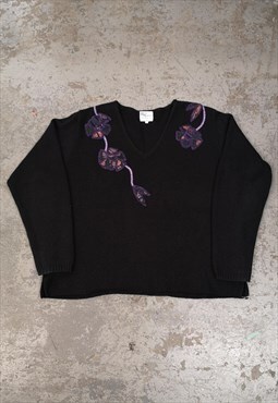 Vintage Patterned Knit Jumper Black Cottagecore Flower