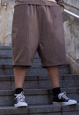 Brown Retro Striped Premium Wool Oversized shorts Y2k