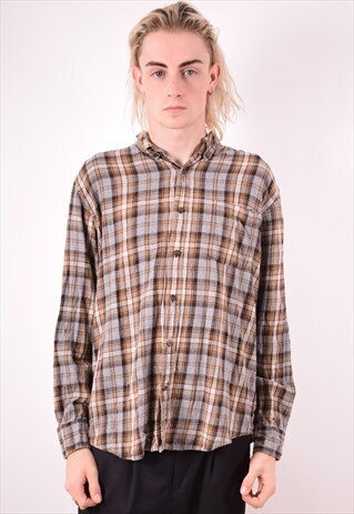 MENS VINTAGE FLANNEL SHIRT LARGE GREY CHECK 90S