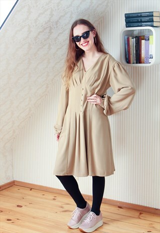 BEIGE LONG SLEEVE A LINE DRESS